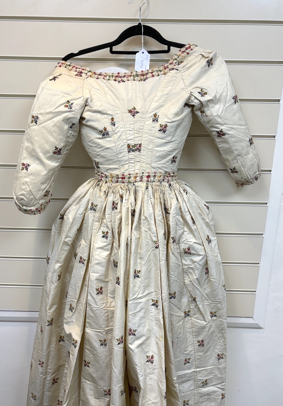 A rare 18th century, possibly Spitalfields, cream silk ladies dress, circa 1770-1780, made in the English style